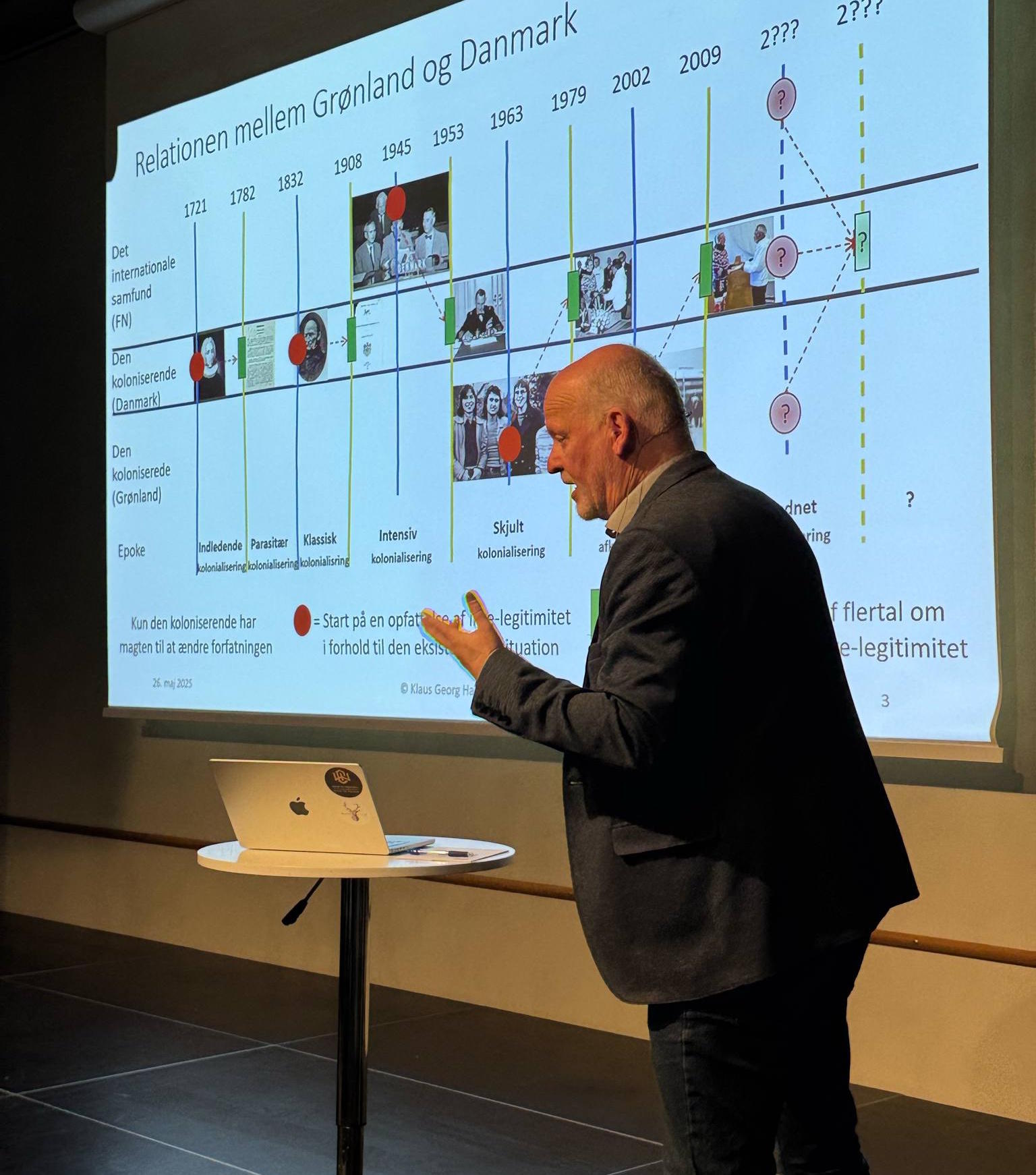 Klaus Georg Hansen pointing to a presentation slide