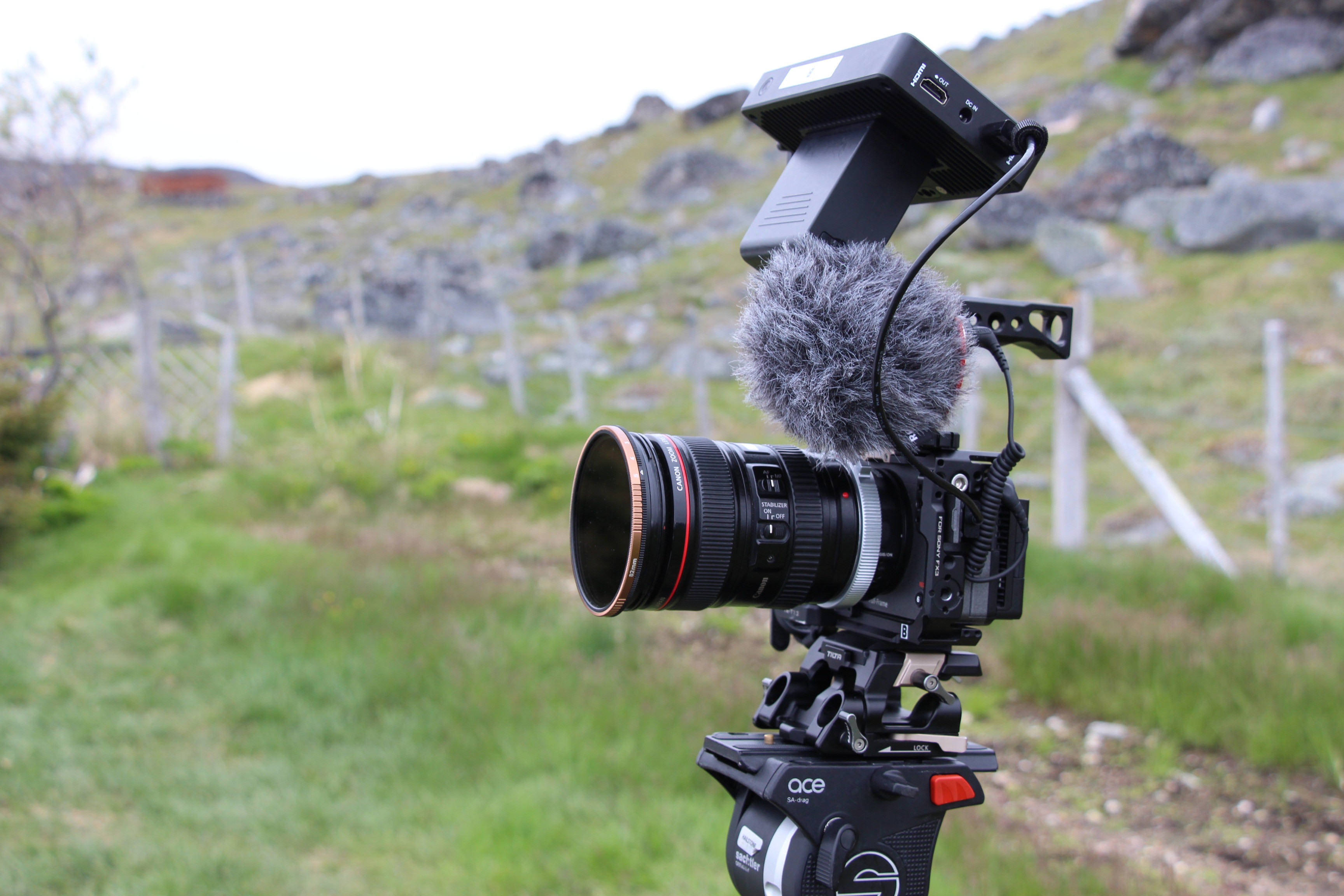 Camera on a tripod in a field